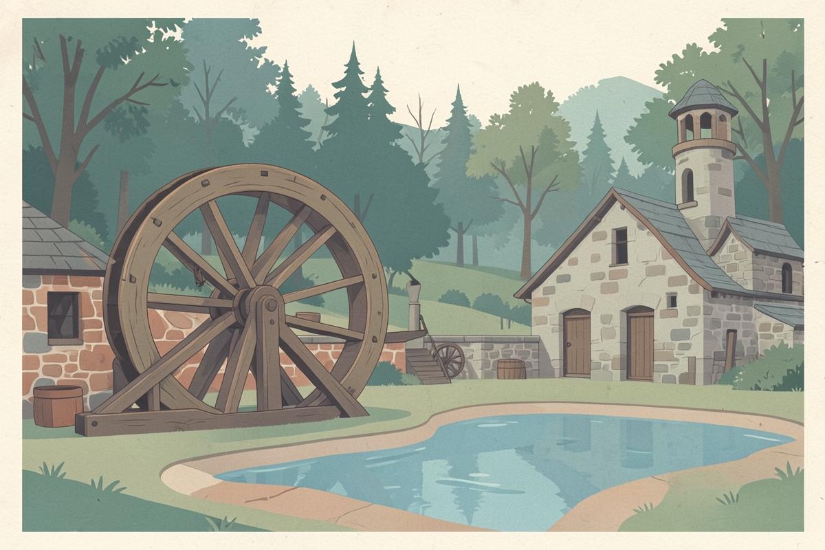 Illustration of a Georgian water-powered scythe works with a waterwheel and mill pond