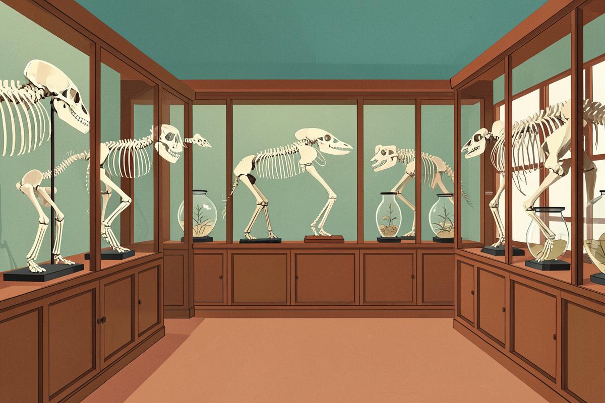 Illustration of a Victorian zoology museum with skeletons in glass cases
