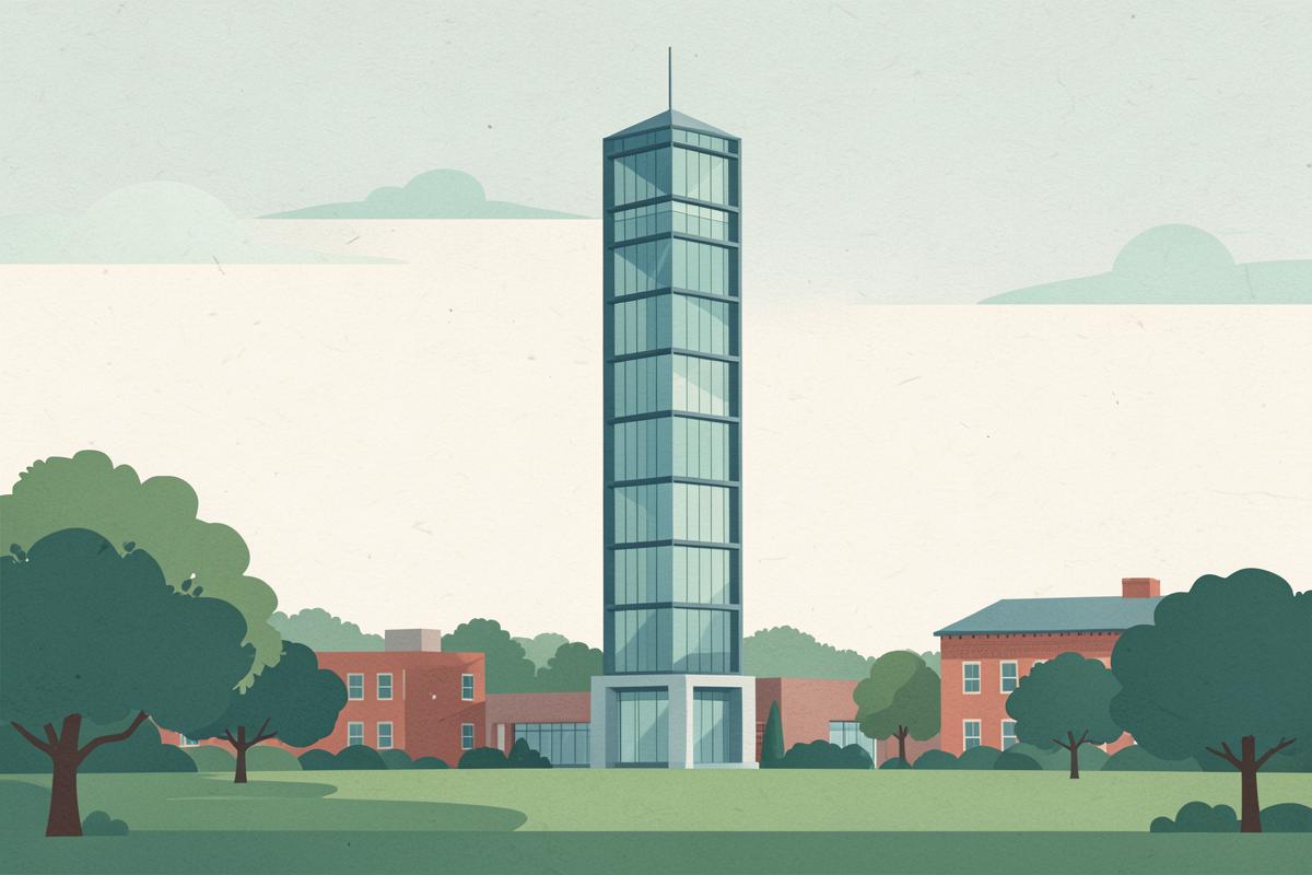 Illustration of a tall modernist glass university tower