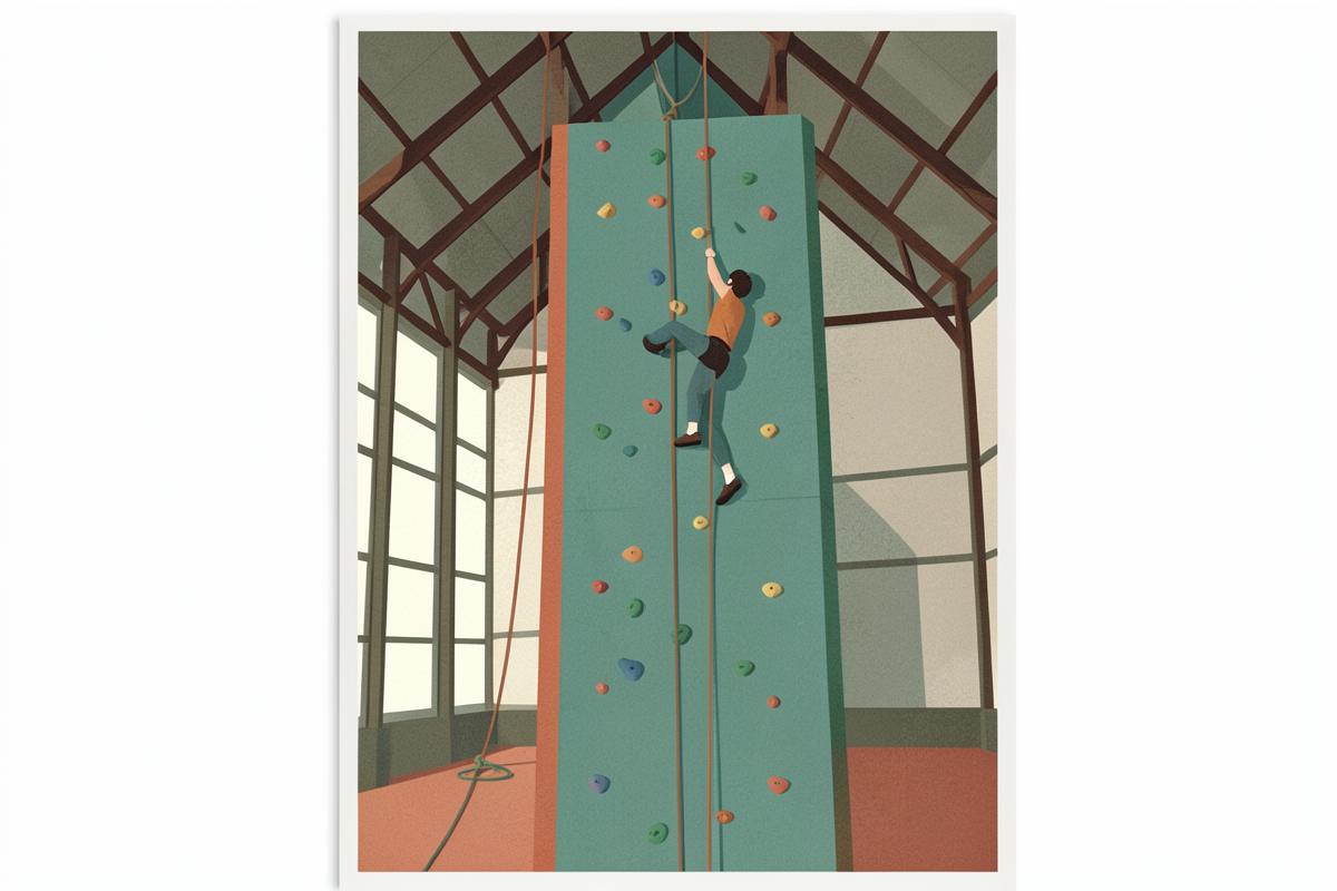 Illustration of a tall indoor roped climbing wall