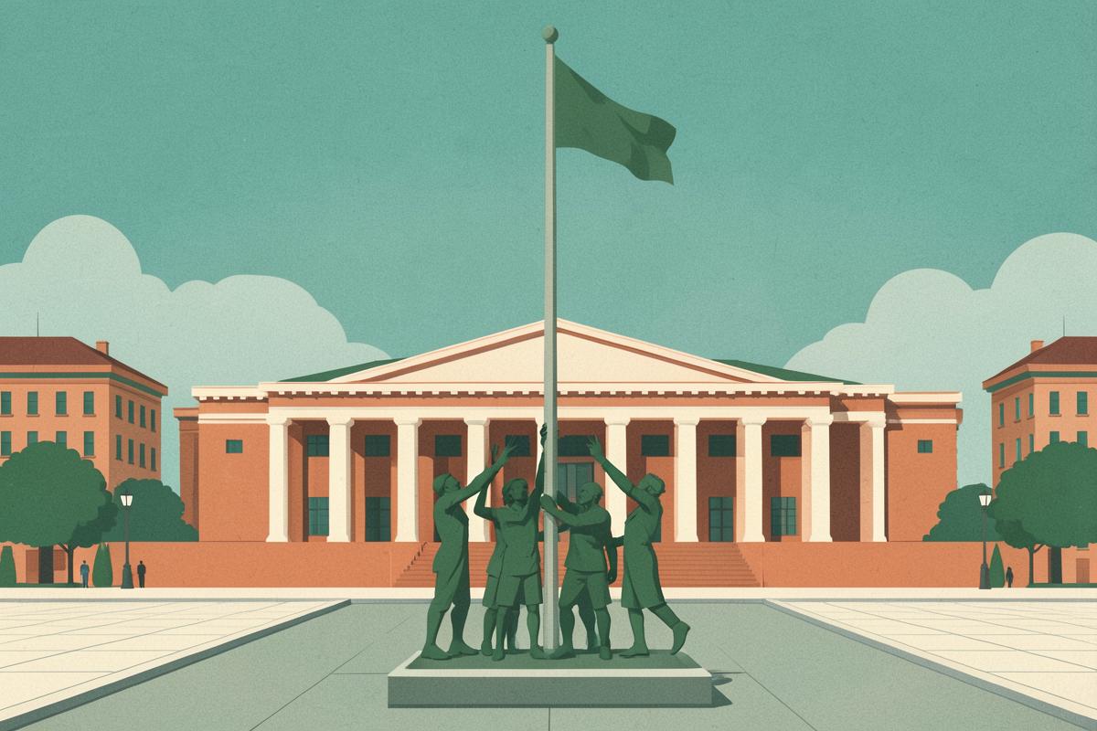 Illustration of a civic square with a tall flagpole war memorial and grand hall behind