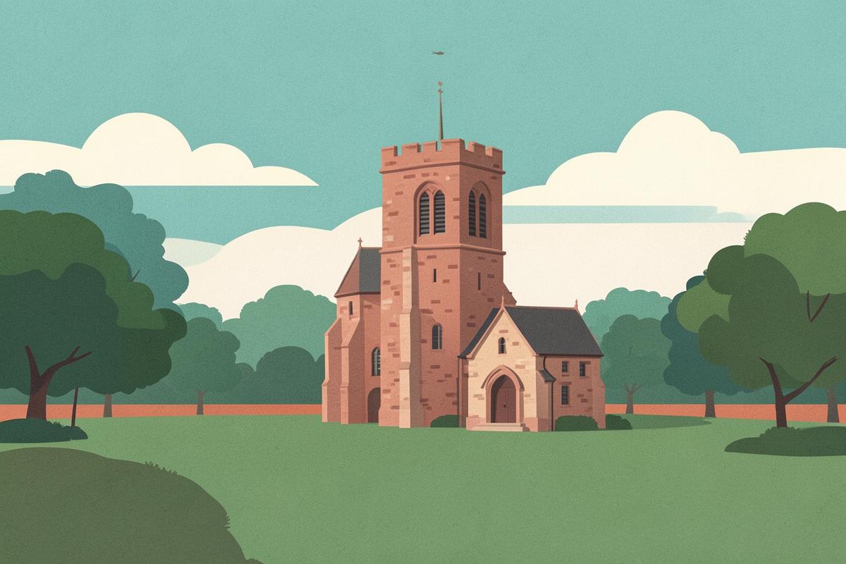 Illustration of a medieval abbey tower standing in green fields