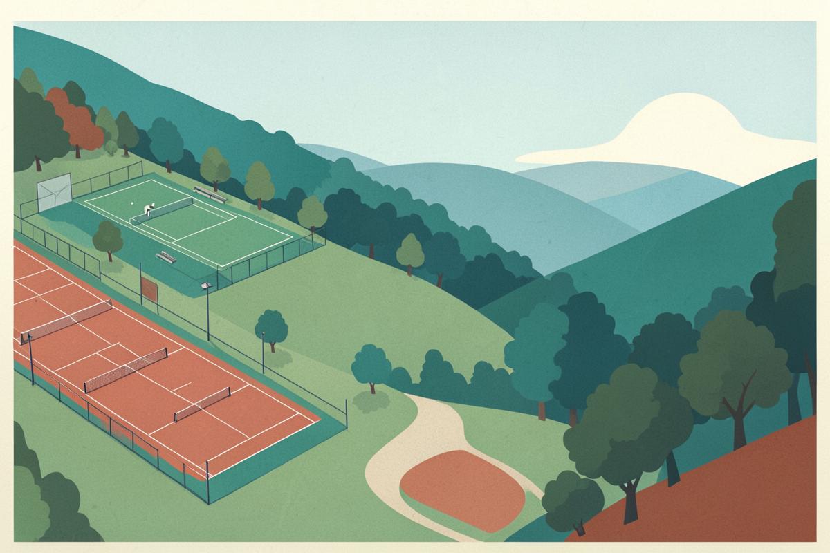 Illustration of a hillside park with tennis courts and woodland