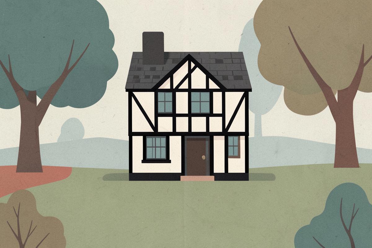 Illustration of a black-and-white timber-framed Tudor house in a park