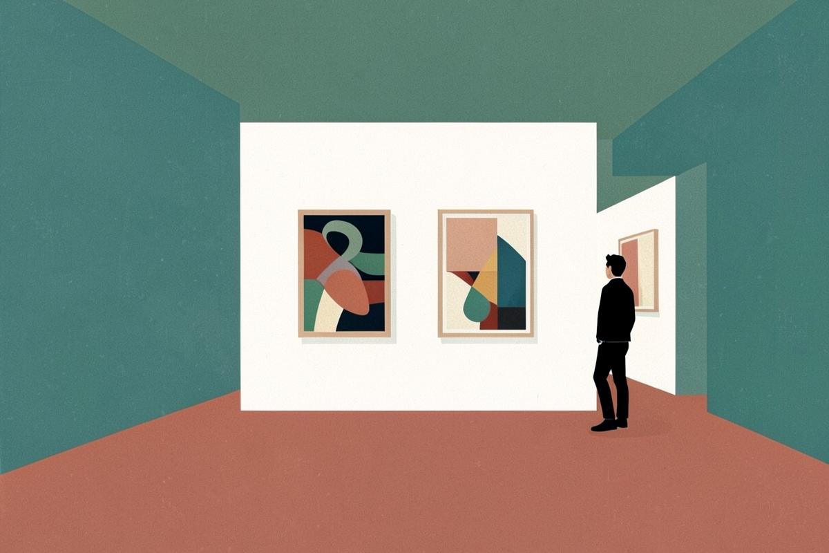 Illustration of a small white-walled contemporary art gallery