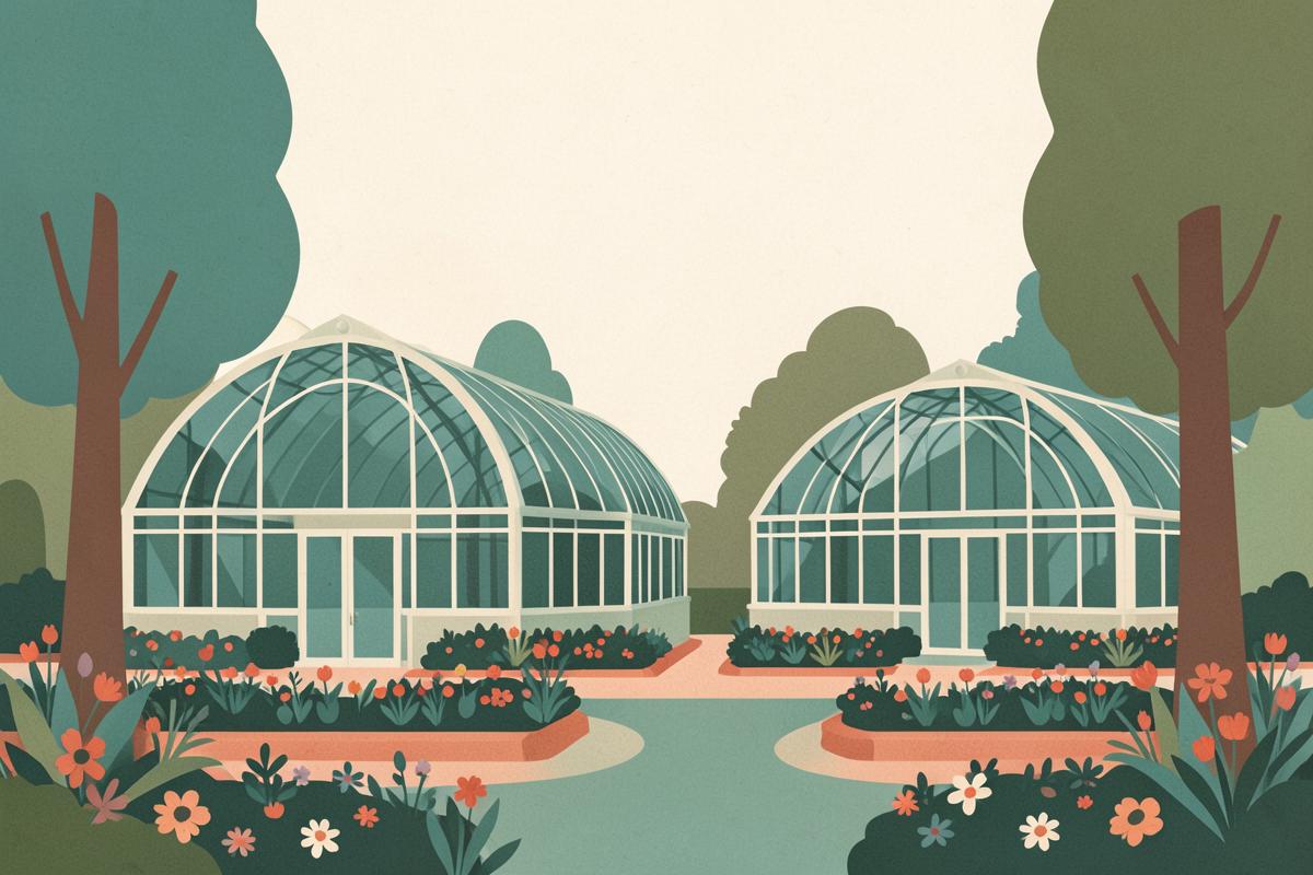 Illustration of the curved Victorian glass pavilions at Sheffield Botanical Gardens