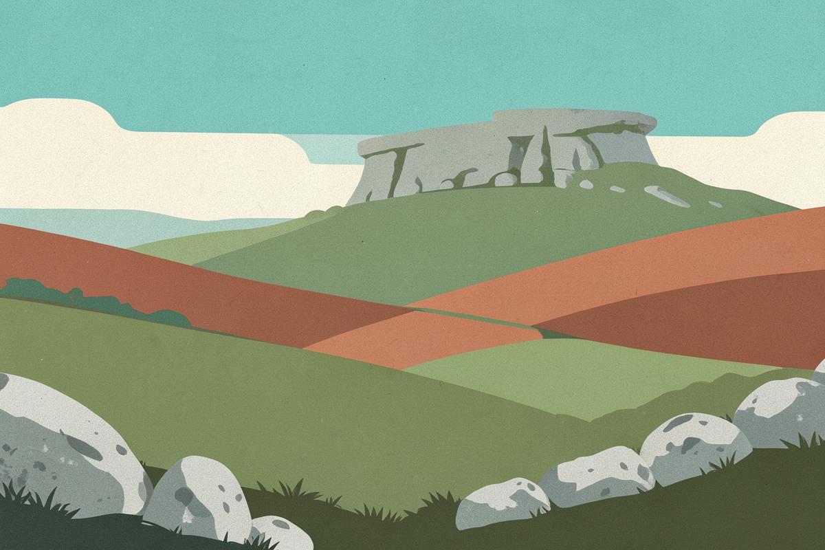 Illustration of a moorland valley with gritstone edges and a flat-topped tor