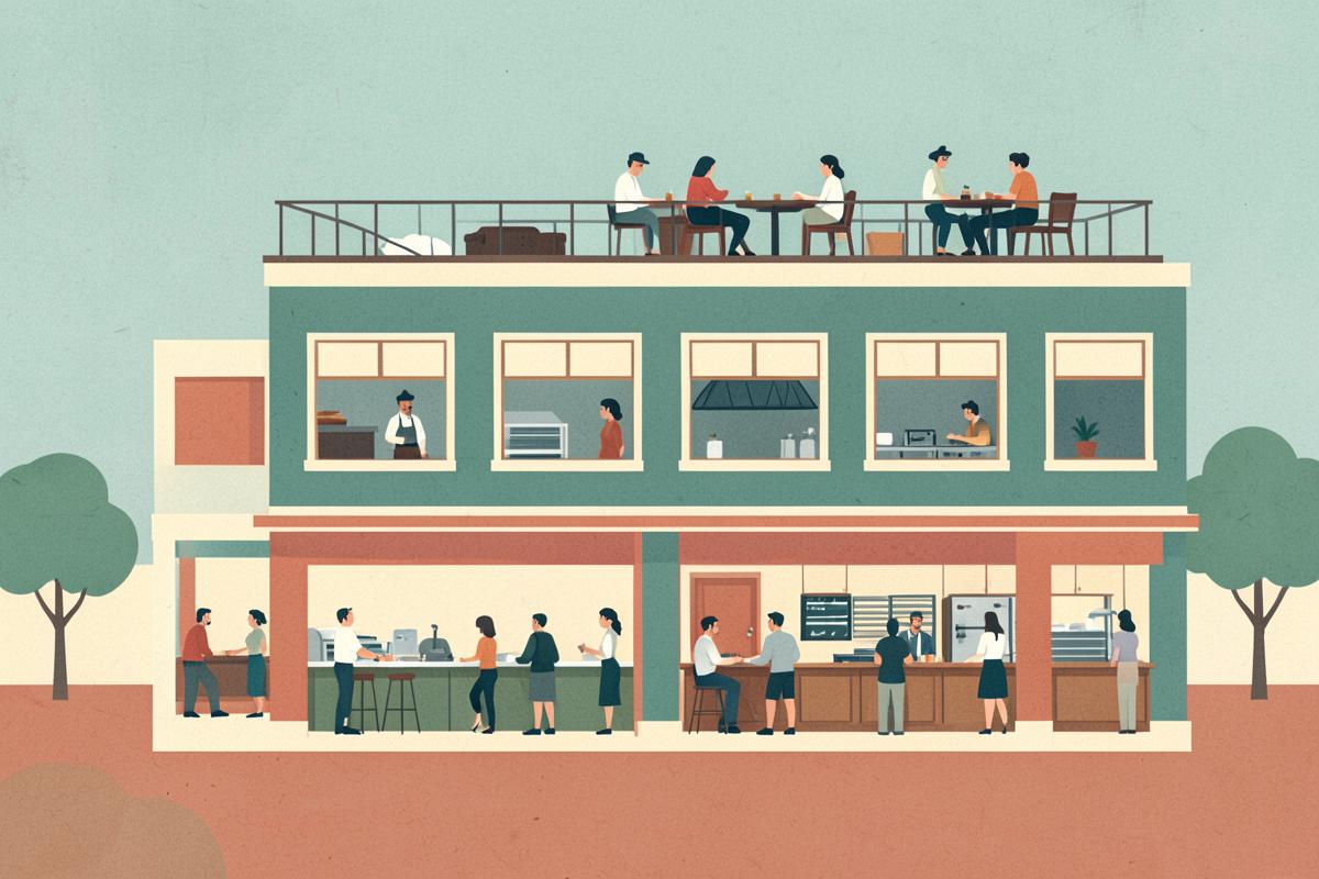 Illustration of a two-storey food hall with open kitchens and a rooftop terrace