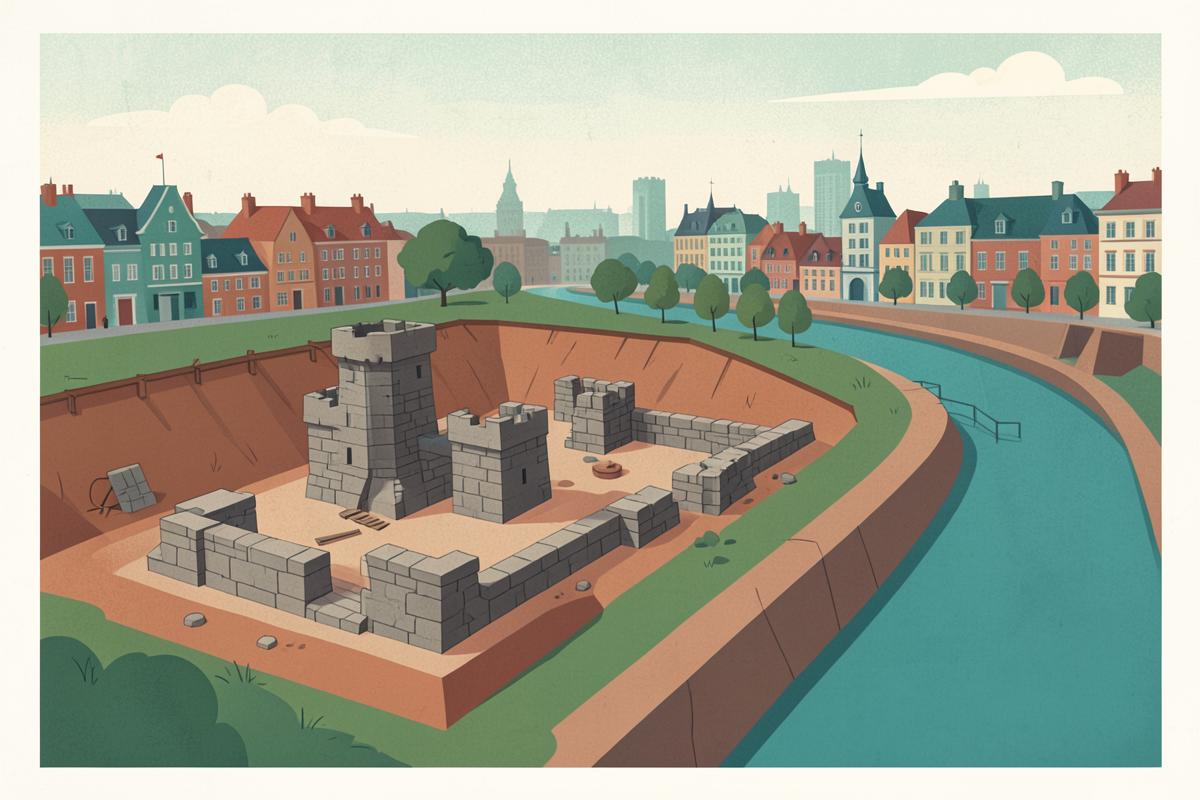 Illustration of an archaeological castle site beside a reopened river channel