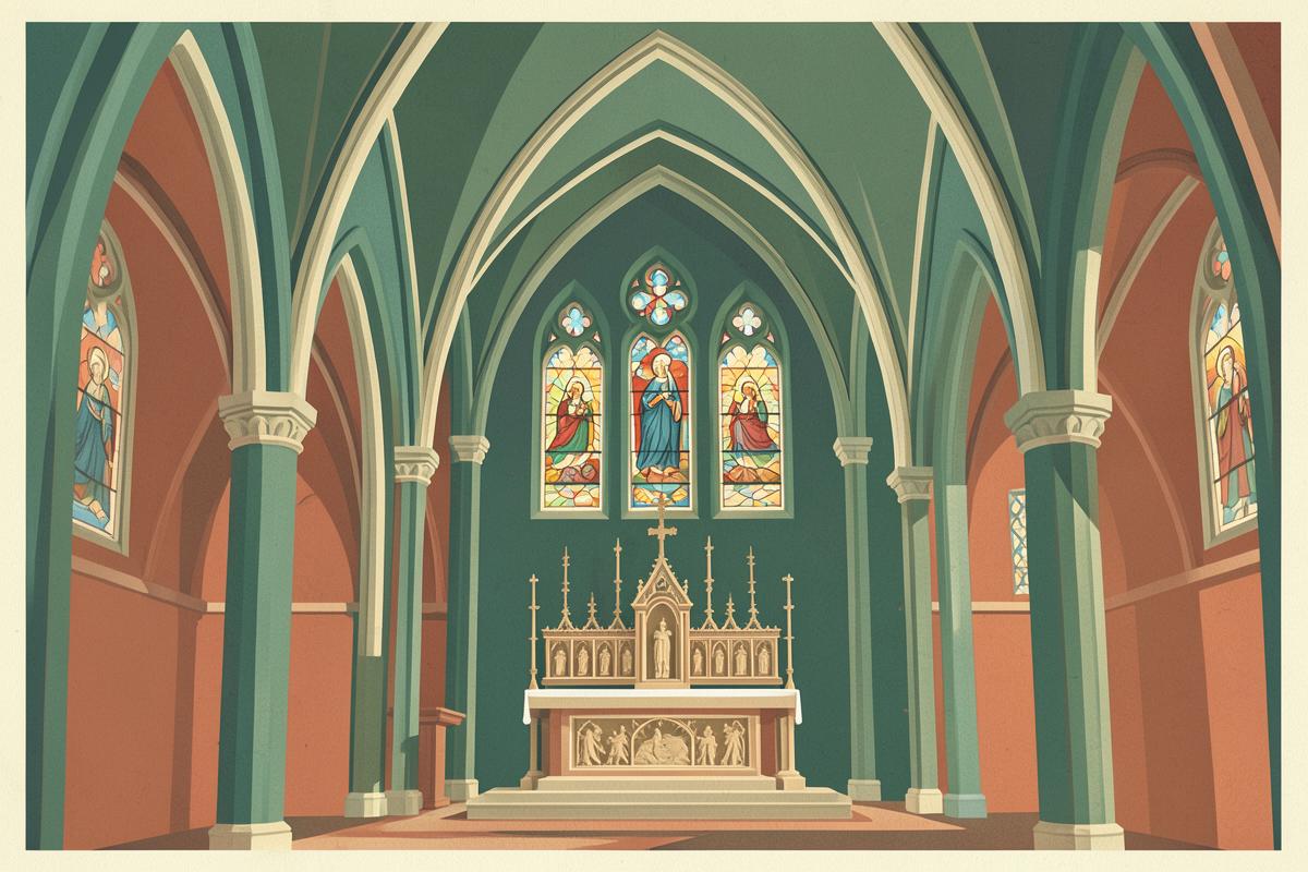 Illustration of a Gothic revival cathedral interior with stained glass