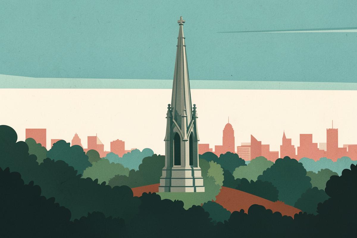 Illustration of a Gothic stone spire on a wooded hill above a city