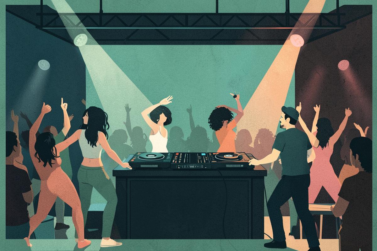 Illustration of a dark alternative music club with stage lights