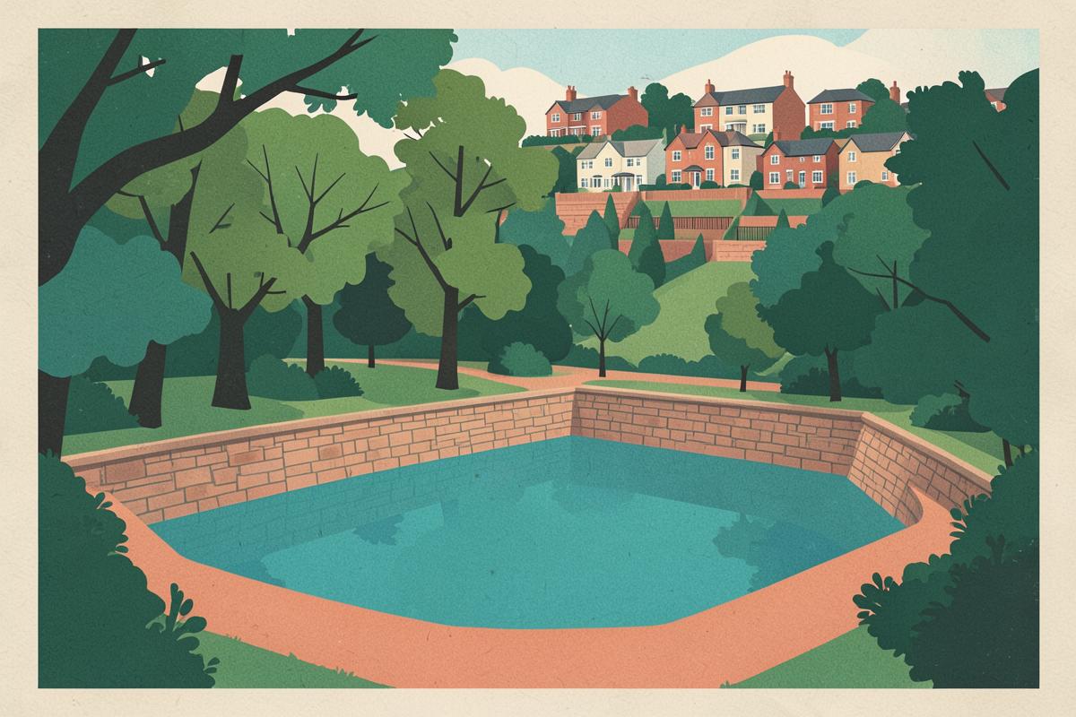 Illustration of a lake in a steep wooded park with a boathouse