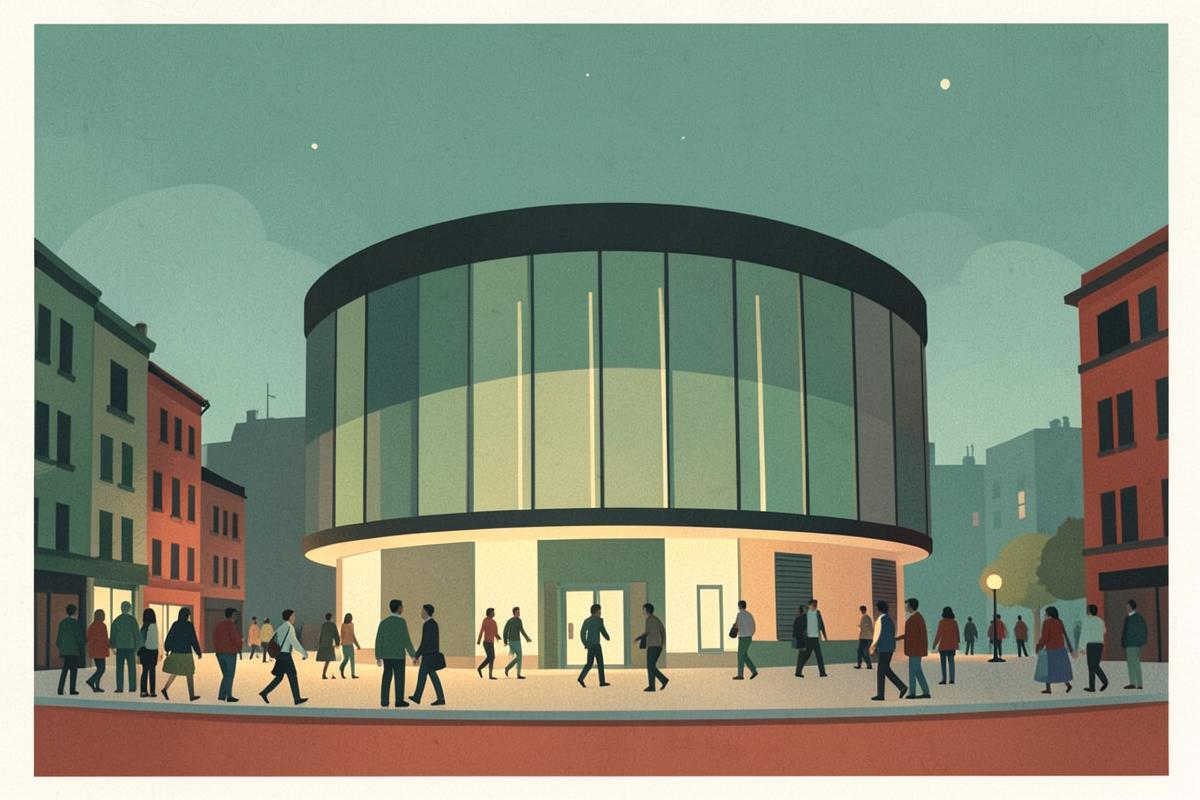 Illustration of the Crucible Theatre frontage on Tudor Square at night