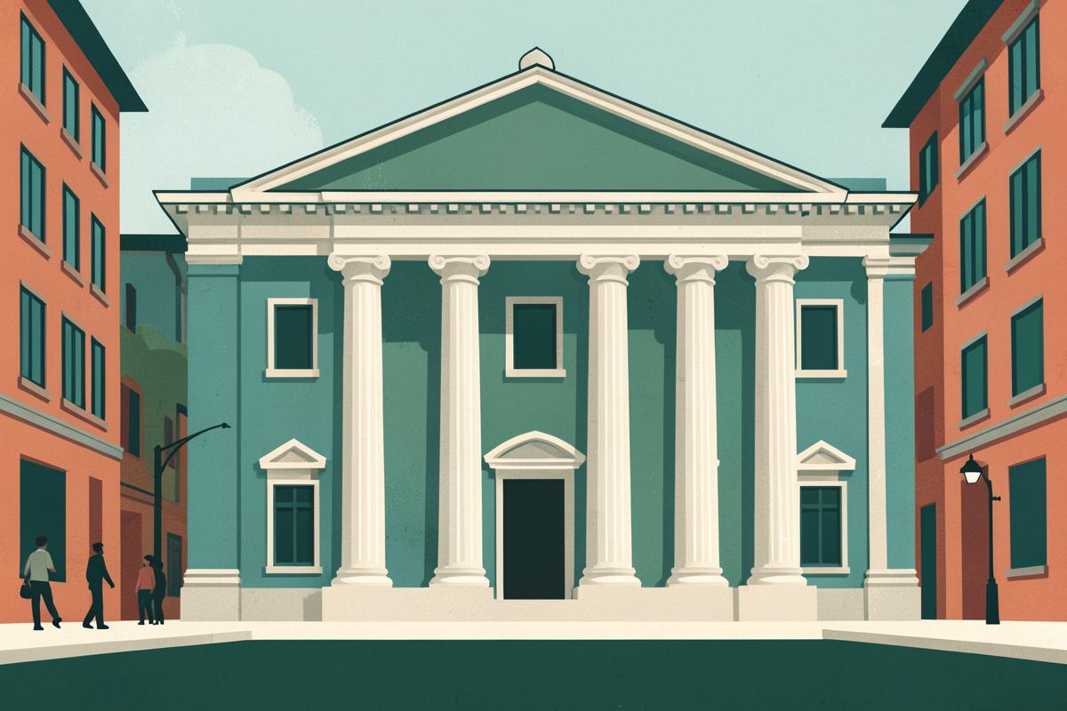 Illustration of a grand neoclassical hall frontage with columns