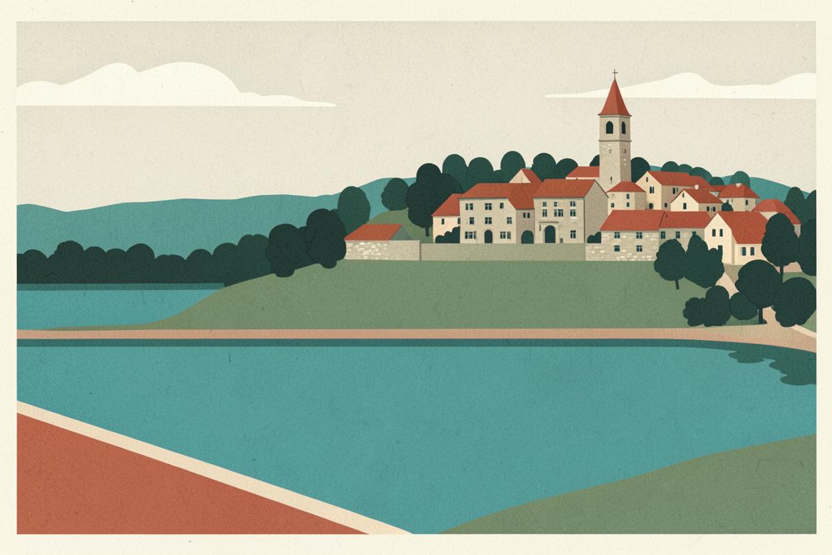 Illustration of a reservoir below a hilltop stone village and church