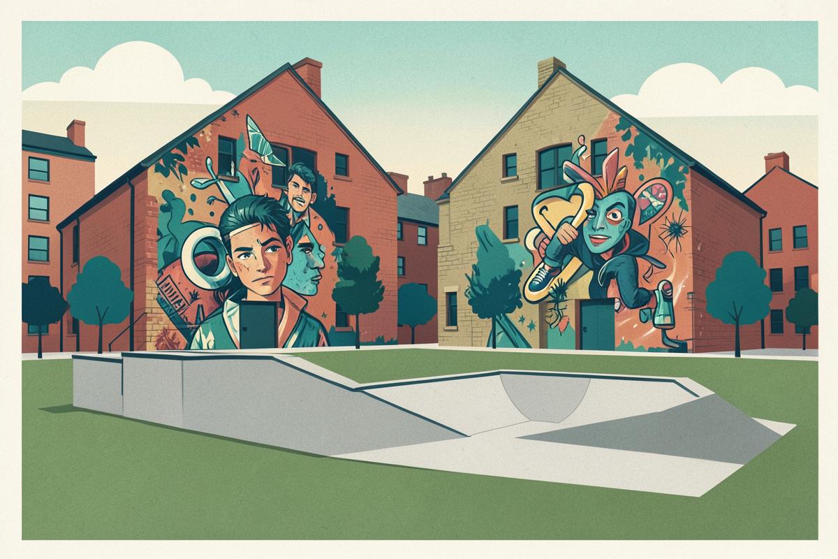 Illustration of an open city lawn with a skate park and colourful murals behind