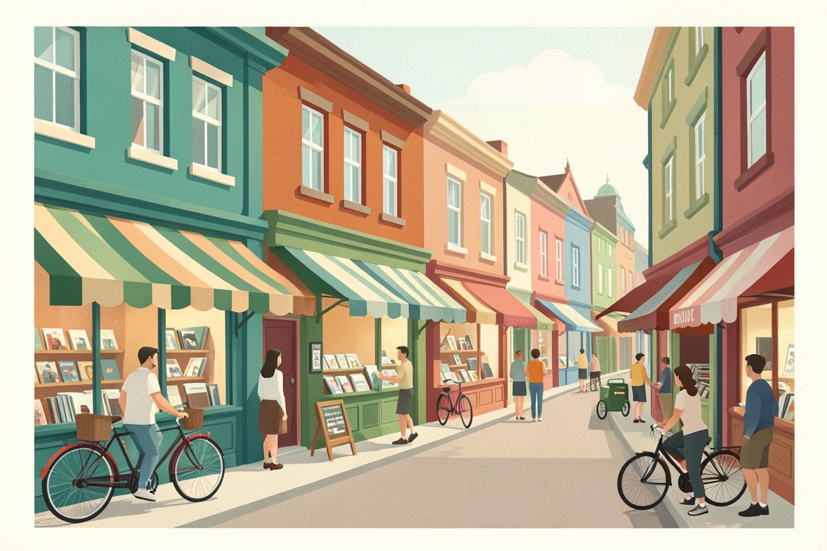 Illustration of a lively independent shopping street with colourful shopfronts