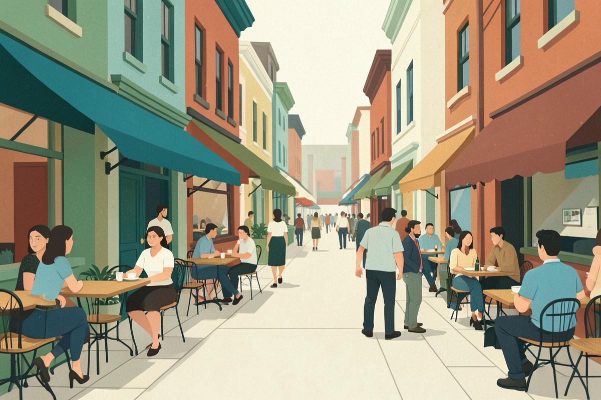 Illustration of a busy street of independent cafes and shops