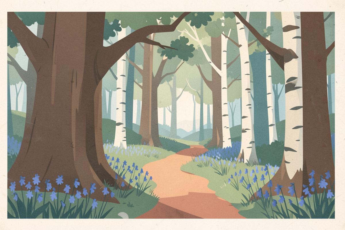 Illustration of a sunlit ancient woodland path among tall trees