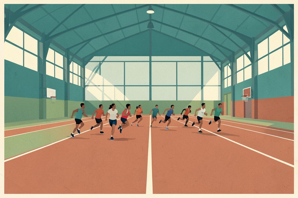 Illustration of an indoor athletics track inside a modern sports centre