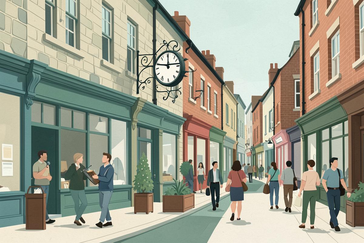 Illustration of a pedestrianised shopping street with a clock tower and shoppers