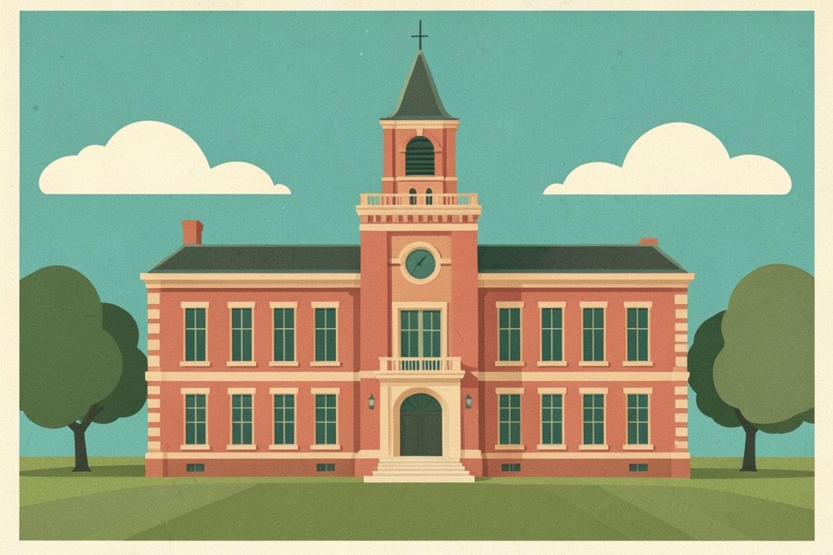 Illustration of a red-brick Edwardian university building with a tower