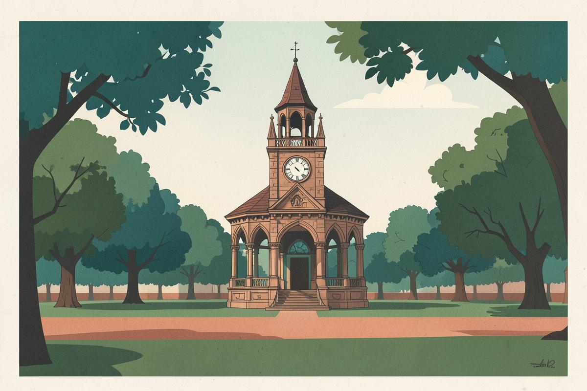 Illustration of a Victorian park with a Gothic clock tower pavilion