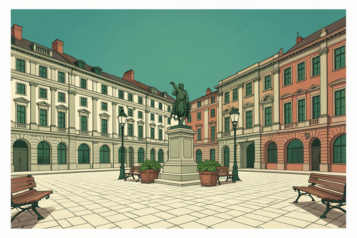 Illustration of a paved Edwardian city square with grand stone facades