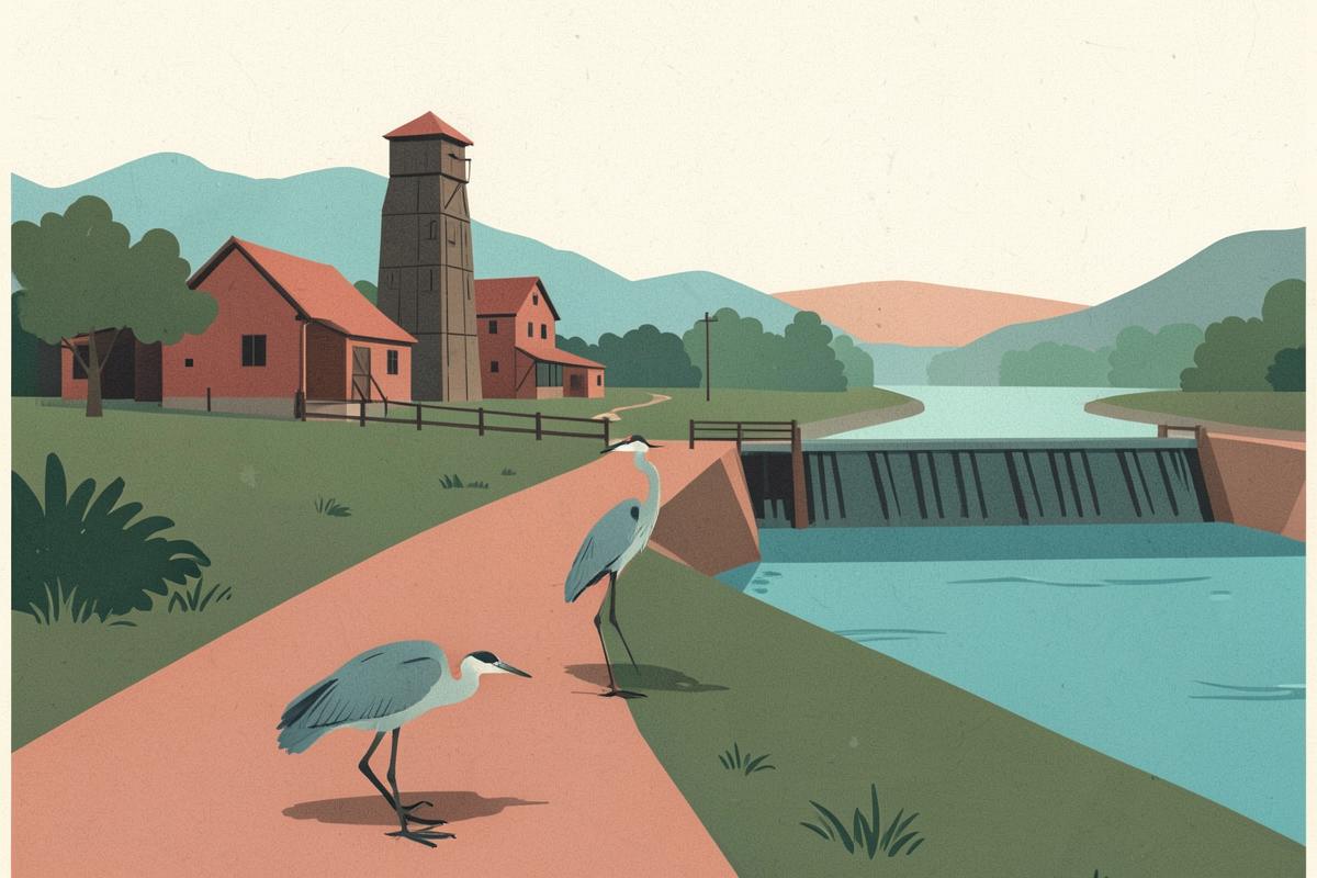 Illustration of a riverside walking path beside a weir and old mill buildings