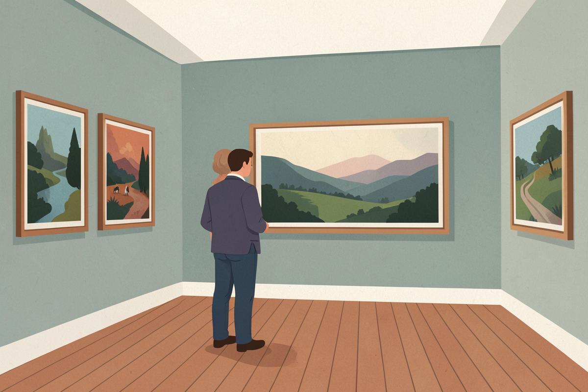 Illustration of a quiet gallery room hung with paintings