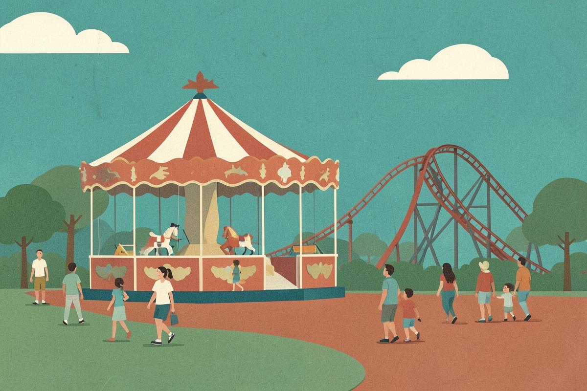 Illustration of a colourful family theme park with small rides