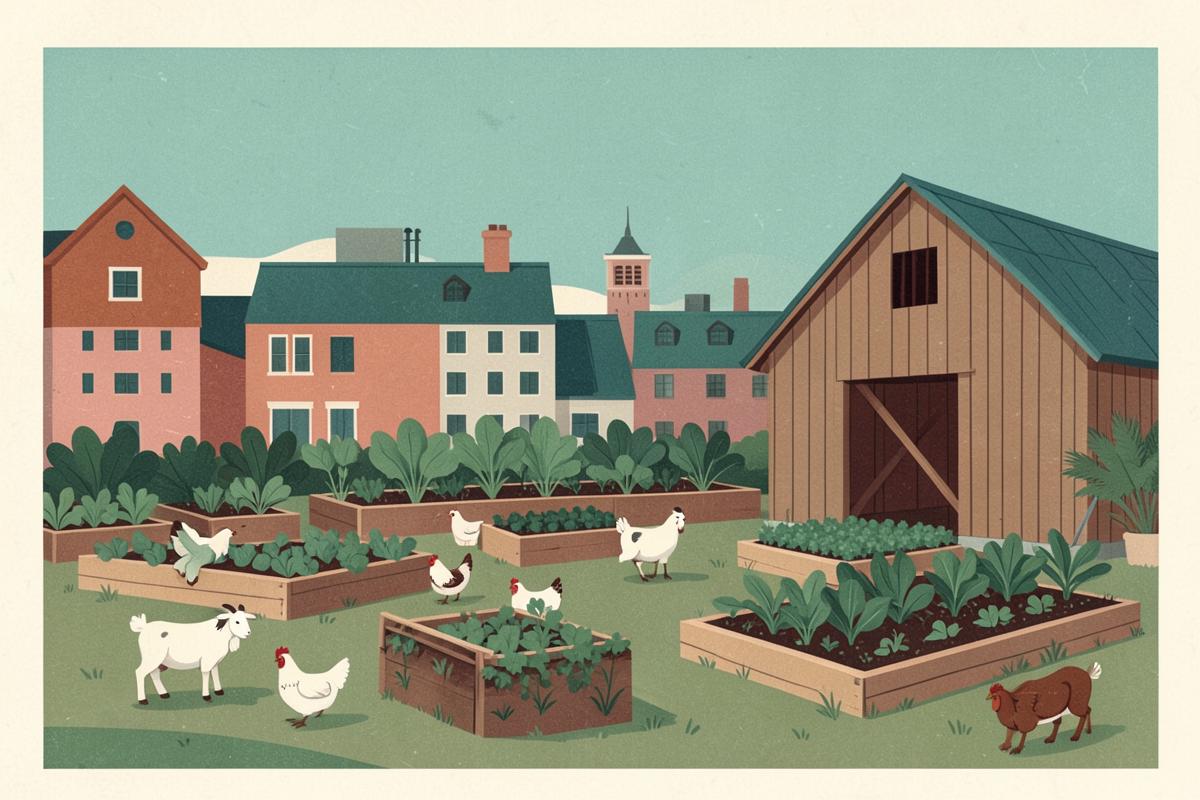 Illustration of a small city farm with goats and vegetable gardens