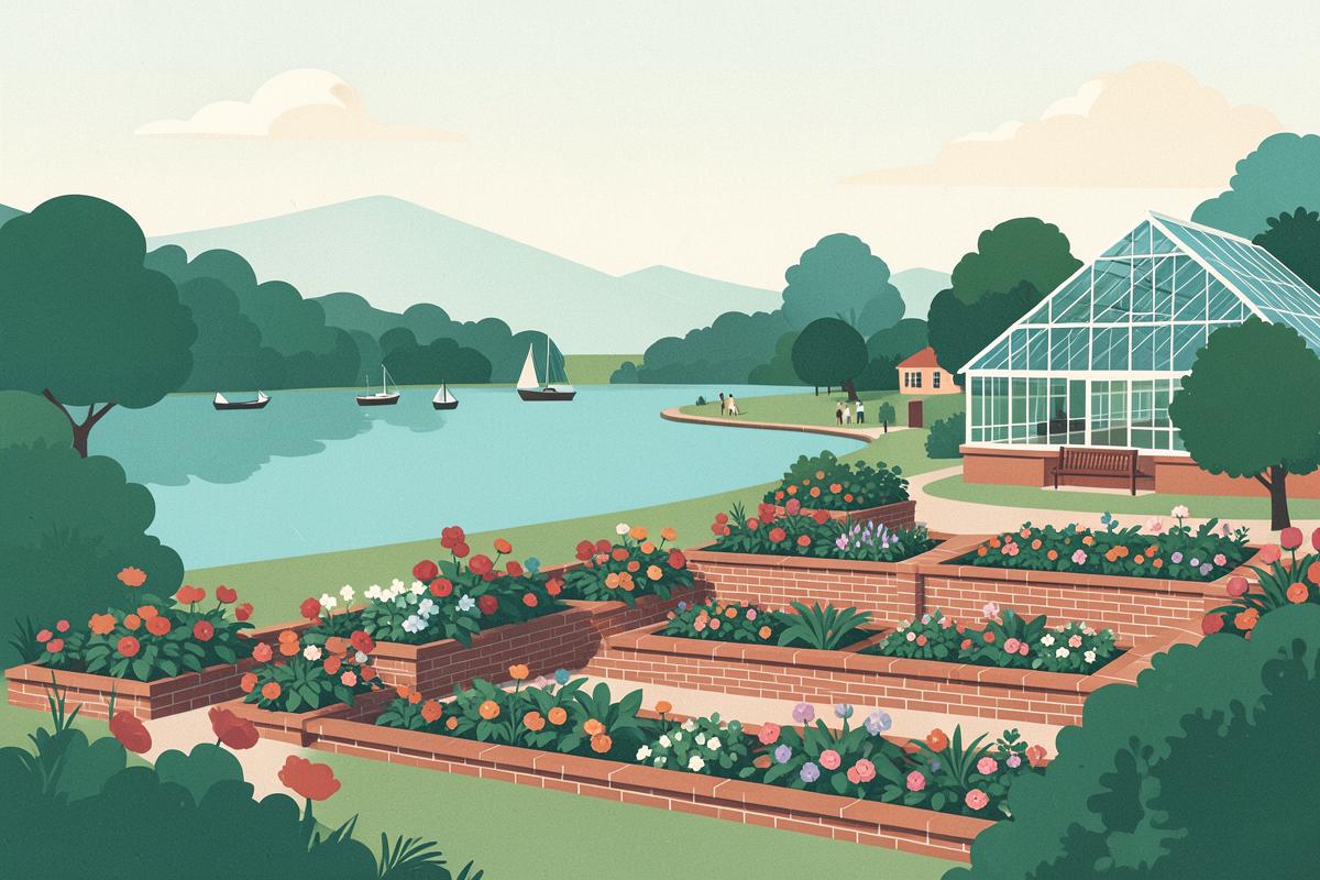 Illustration of a large park with a lake and a walled garden