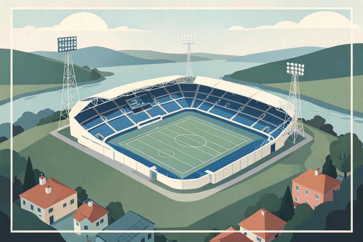 Illustration of a large blue-and-white football stadium in a valley