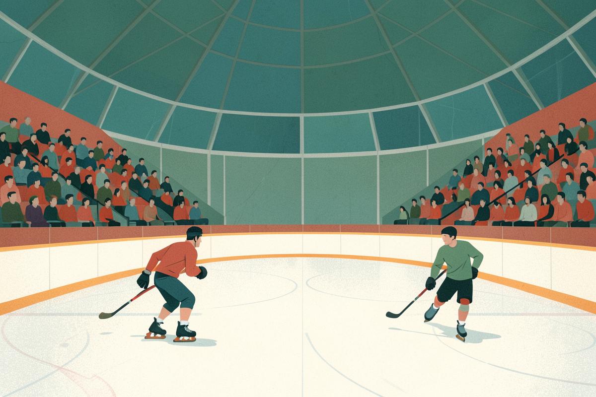 Illustration of skaters on a large indoor ice rink