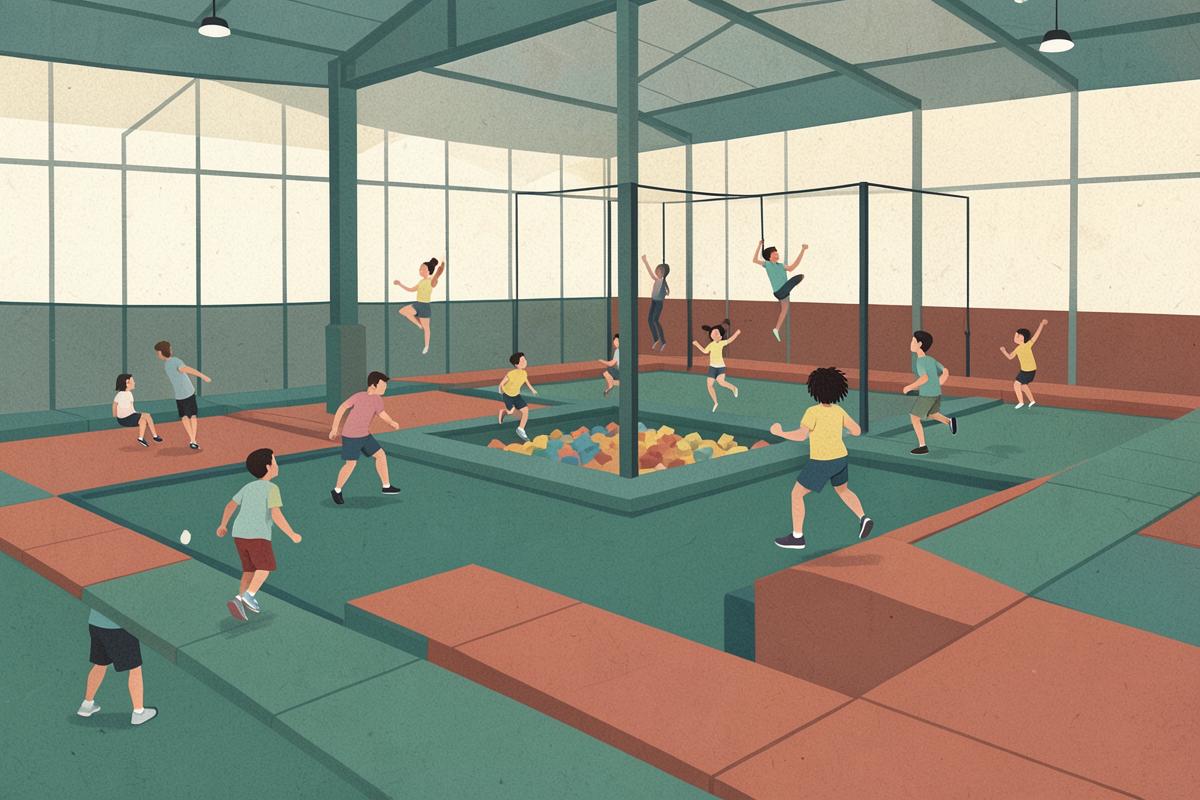 Illustration of a large indoor trampoline park