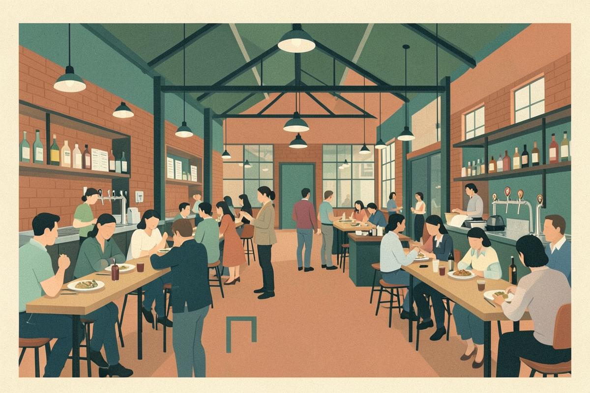 Illustration of a lively street food hall inside a converted Sheffield steelworks