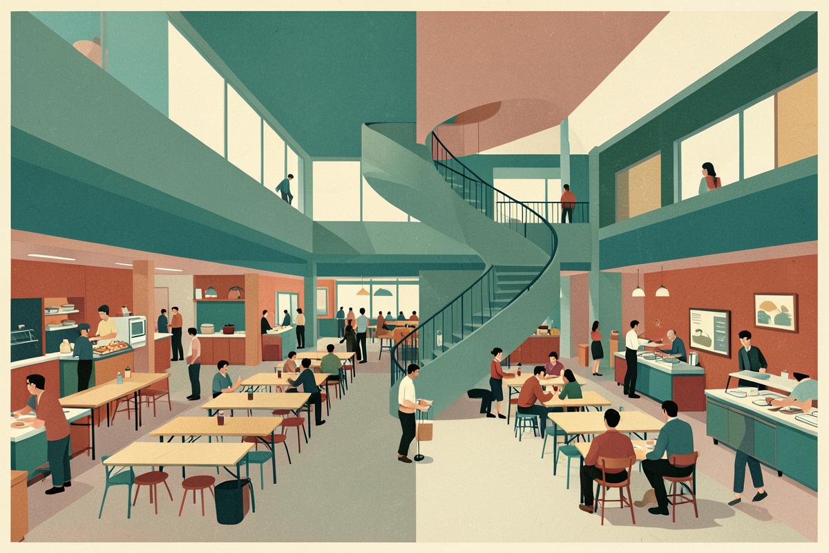 Illustration of a bustling indoor food hall with long communal tables and market stalls