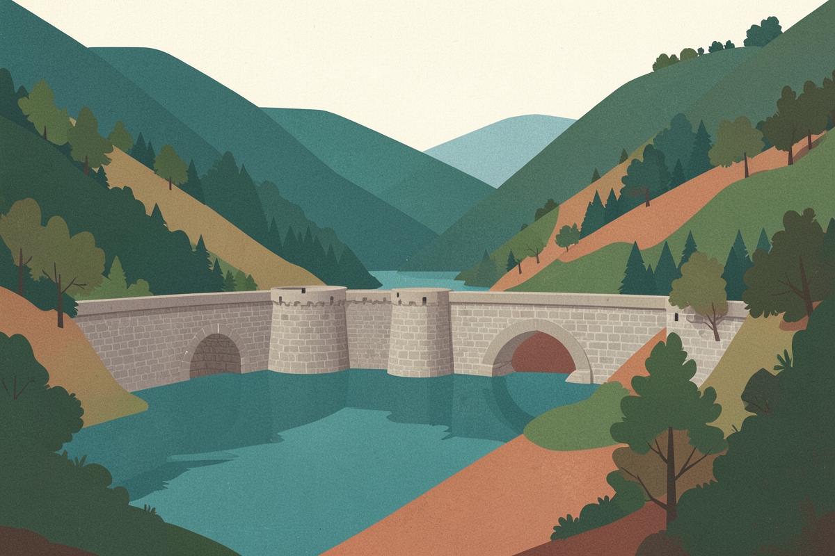 Illustration of a stone dam and wooded reservoir in the Peak District
