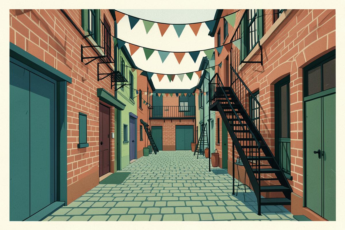 Illustration of a cobbled Victorian courtyard lined with small brick workshops