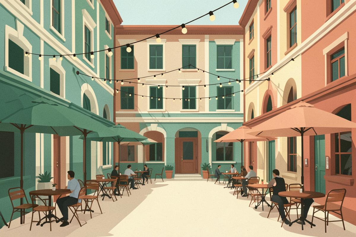 Illustration of a courtyard of restaurants with outdoor tables and festoon lights