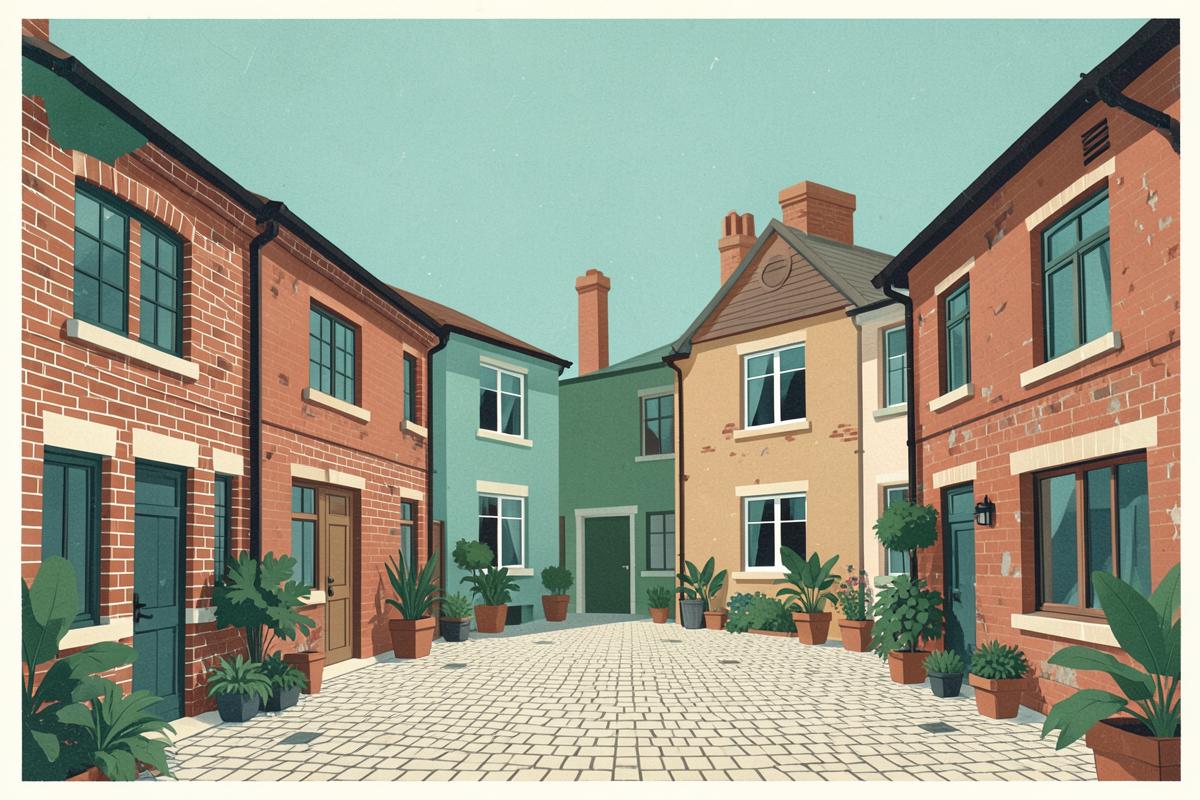 Illustration of restored industrial buildings converted into homes and courtyards