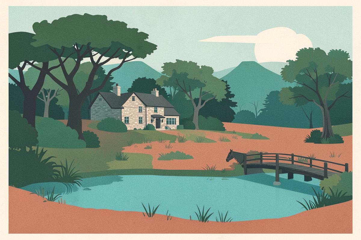 Illustration of a National Trust moorland estate with woods and a stone lodge