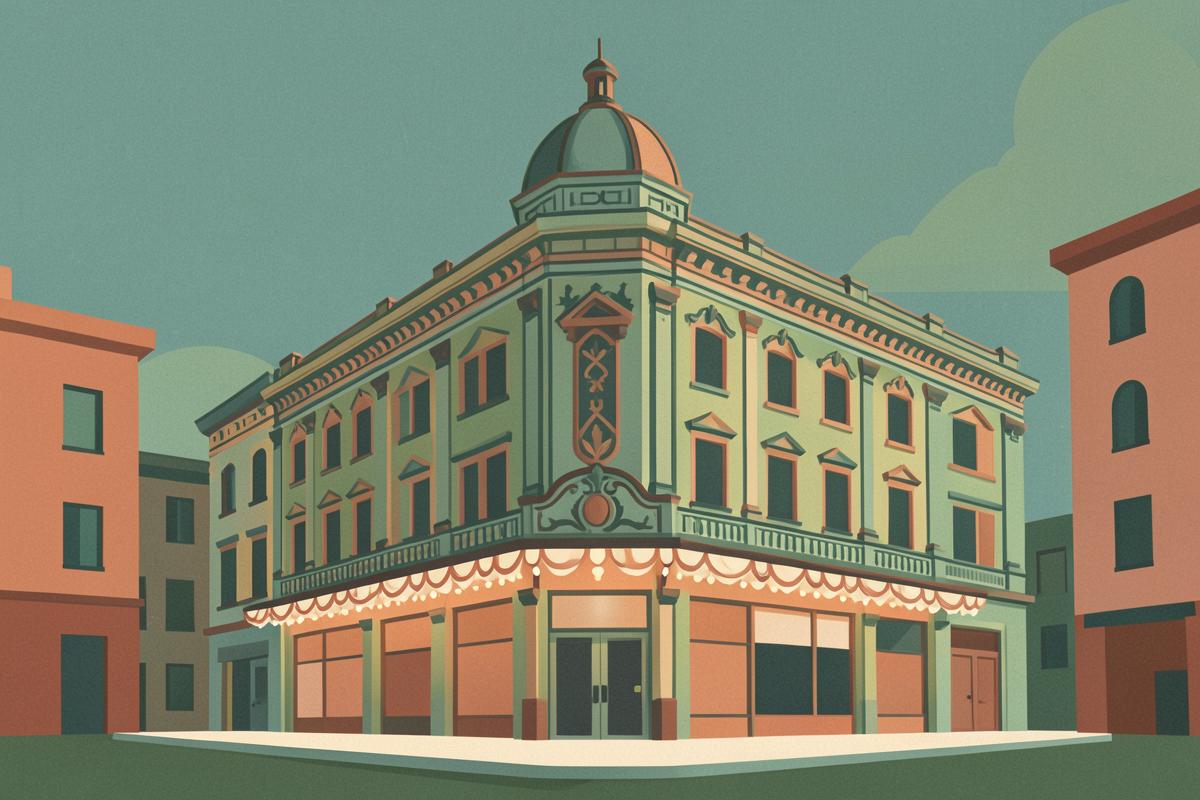 Illustration of the ornate Edwardian Lyceum Theatre with its corner dome