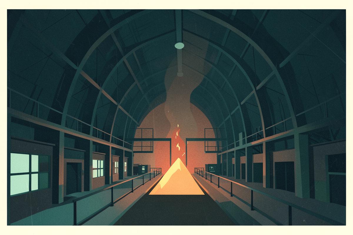 Illustration of a huge dark steelworks hall used as a science centre