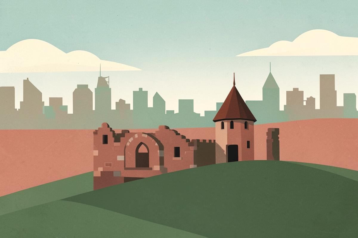Illustration of the Tudor ruins and Turret House at Sheffield Manor Lodge