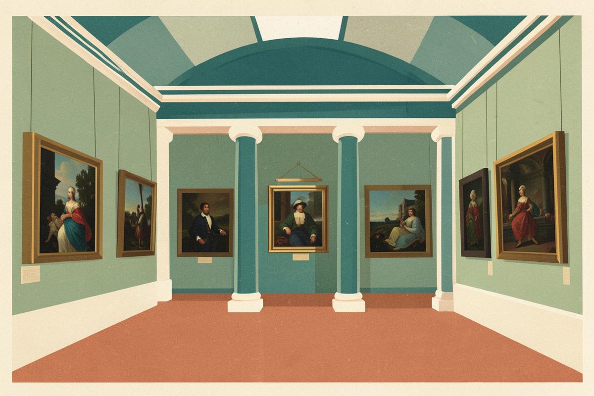 Illustration of a neoclassical art gallery with columns and top-lit rooms