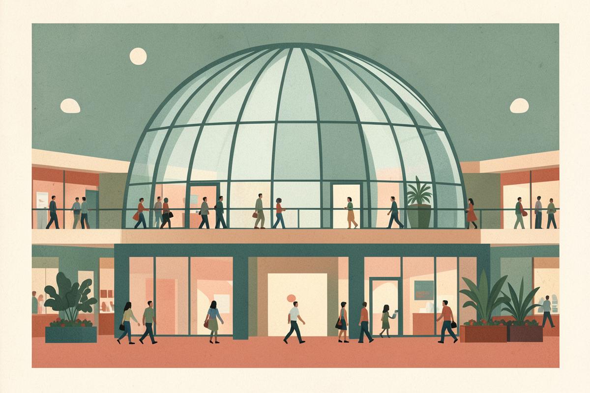 Illustration of the glass-domed interior of Meadowhall shopping centre