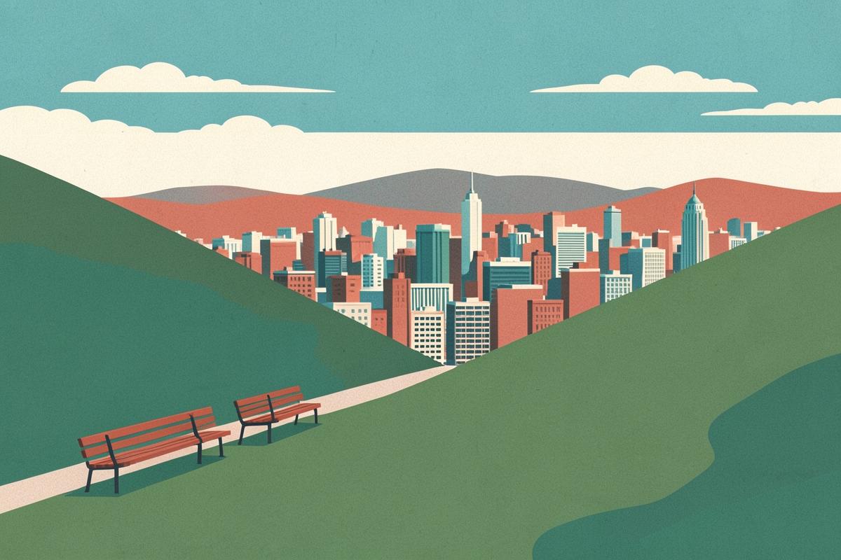 Illustration of a hillside park looking out over a city skyline
